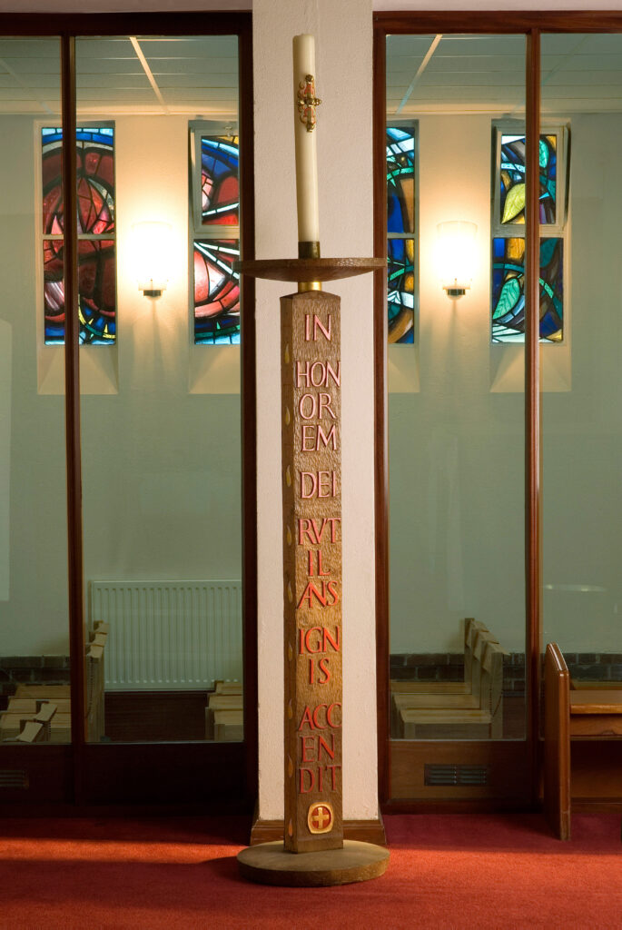 Jonah Jones: carved wooden candlestick, Ratcliffe College chapel