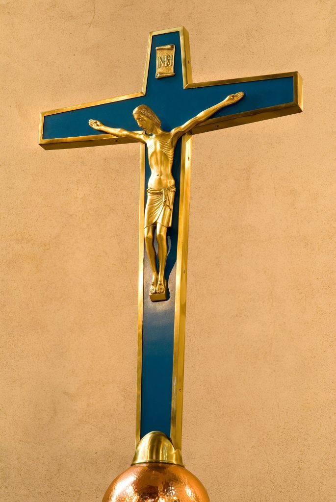 Jonah Jones: bronze enamelled crucifix, West Heath