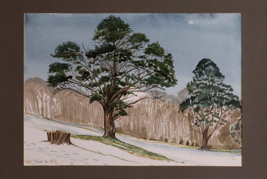 'Snowy Scene Near Castell Deudraeth' watercolour by Jonah Jones