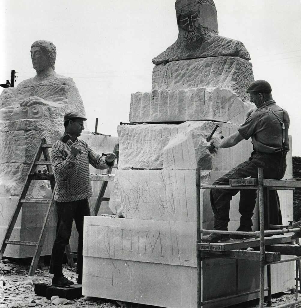 Jonah Jones working on sculptures for exterior of Cardiff museum