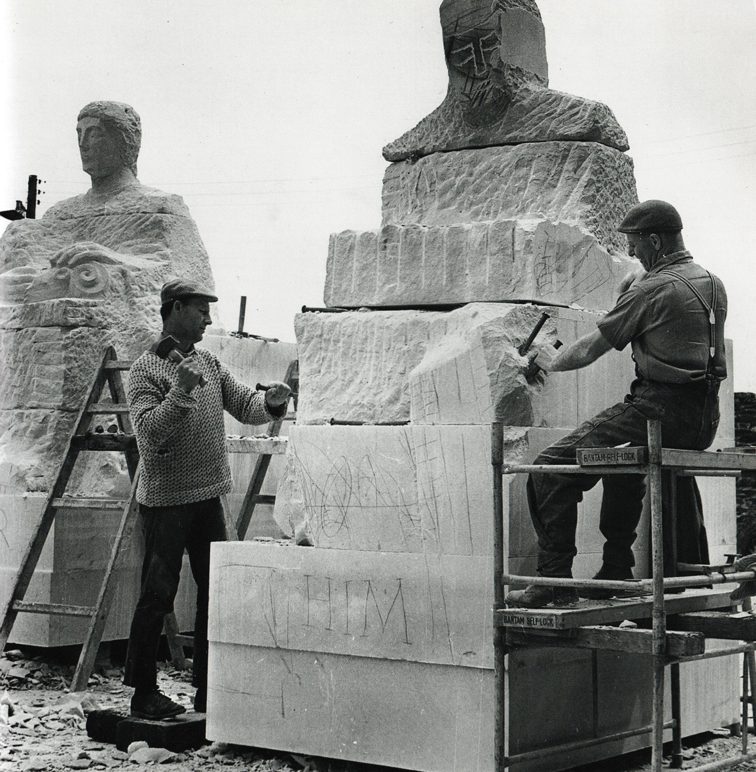 Jonah Jones working on sculptures for exterior of Cardiff museum