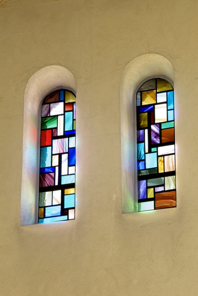 Jonah Jones stained-glass lights at St John Fisher, West Heath, Birmingham