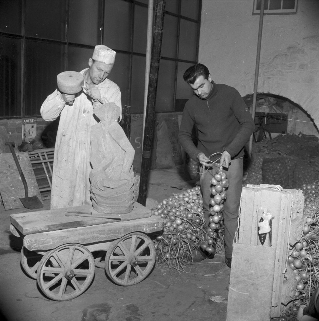 Jonah Jones in workshop at Tremadog Market Hall shared with Breton onion sellers