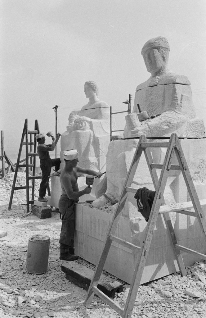 Jonah Jones and Laurie Cribb carving two statues for National Museum Wales Cardiff 1964